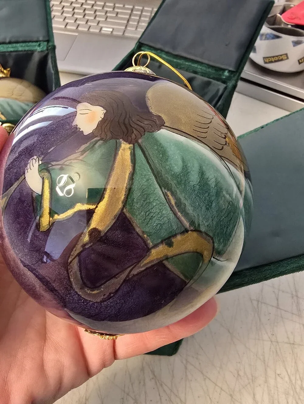 Four 1999 Pier 1 Li Bien Reverse Painted Angel Playing Horn Trumpet Ornaments